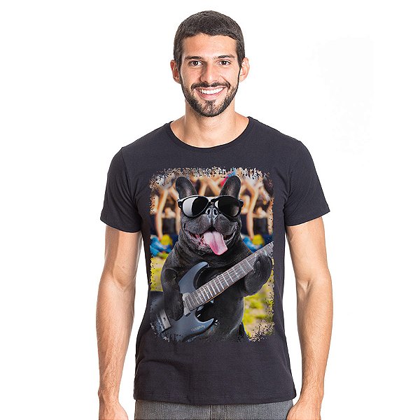 Camiseta Bulldog Francês Tocando Guitarra