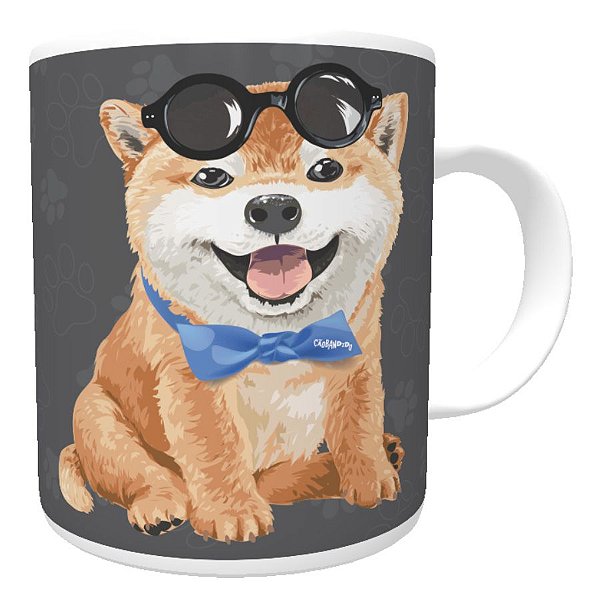 Caneca Akita Filhote de Óculos e Gravatinha