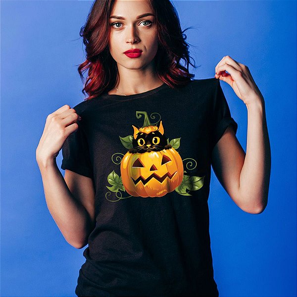 Camiseta Baby Look Gato Preto Halloween