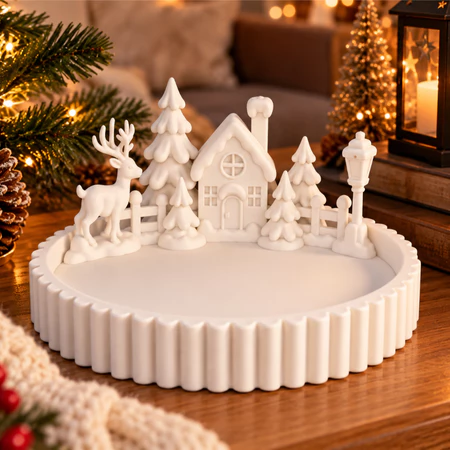 Bandeja Decorativa Vila de Natal com Rena e Casinha – Branca