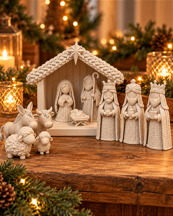 Presépio de Natal Estilo Tricô com Sagrada Família, Reis Magos e Estábulo