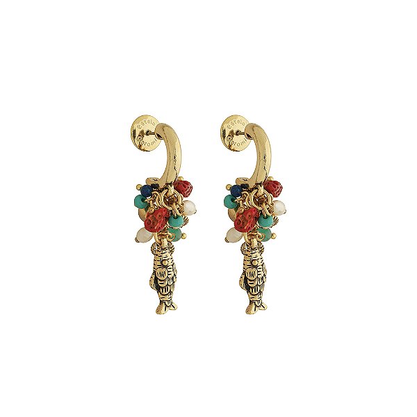 Brinco Meia Argola Peixe E Pingentes Resort Ouro