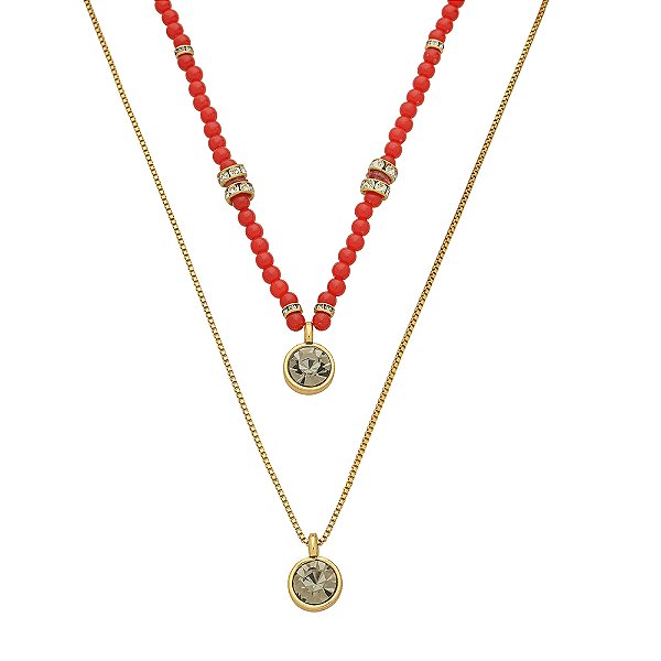 Colar Duplo Contas Vermelho Resort Ouro