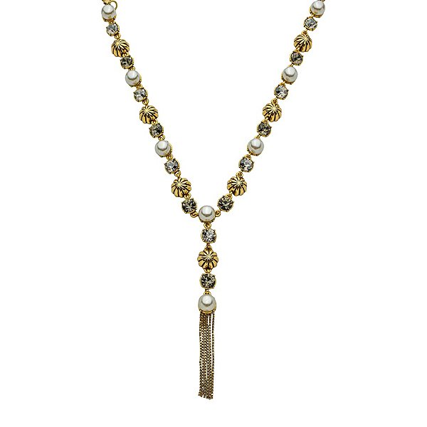 Colar Gravata Perla Ouro Com Pérolas E Cristais
