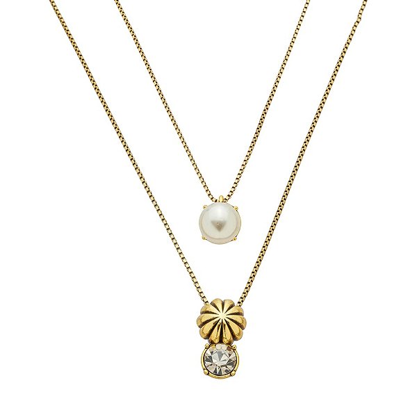 Colar Duplo Perla Ouro Com Pérola, Cristal E Ajuste Deslizante