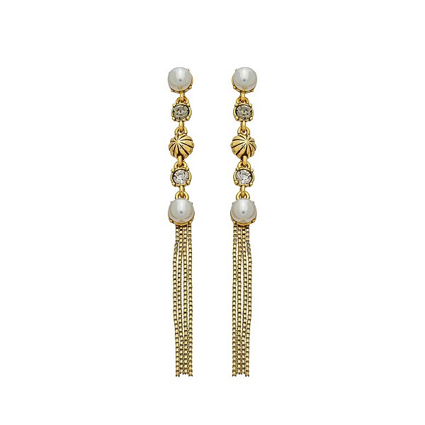 Brinco Longo Perla Ouro Com Pérolas, Cristais E Franjas