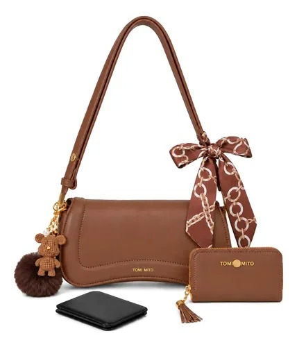 Bolsa Baguete Feminina Couro Pu Ombro Transversal Laço Urso