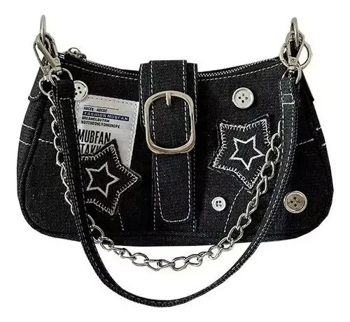 Bolsa Baguete Tessary Rock Gotic Jeans Preta Alça E Corrente