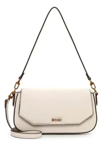 Bolsa Baguete Média Tiracolo Couro Texturizado Alça Dupla Creme Riscado Metal Dourado