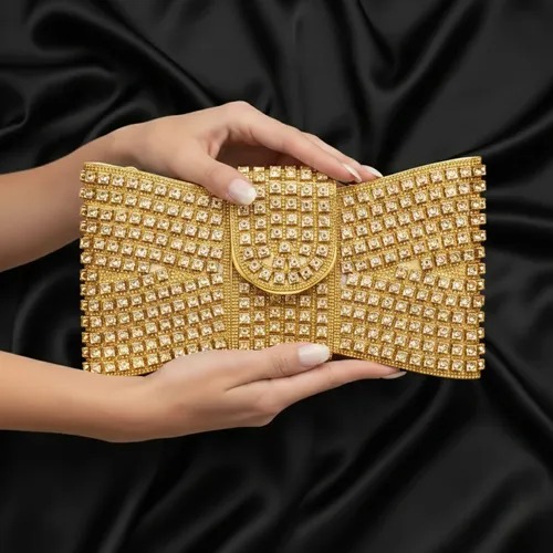 Bolsa Festa Strass Clutch Luxo Dourado Prata Laço Casamento