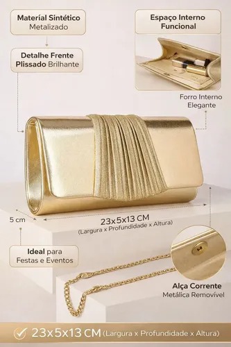 Bolsa Clutch Festa Feminina Pequena Metalizada Dourada Prata Dourado