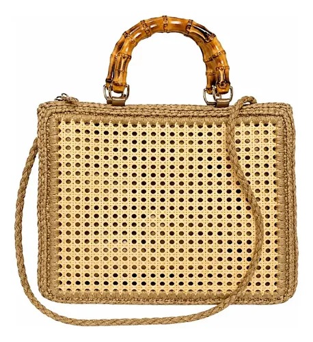 Bolsa Quadrada Palha Praia Feminina Alça Bambu Transversal