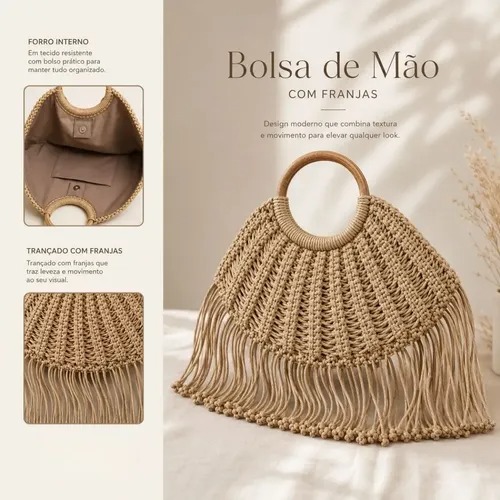 Bolsa Feminina De Palha Com Franjas Alça Redonda Grande Moda Marrom-escuro Liso