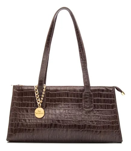Bolsa Feminina Couro Legítimo Croco Preta Ombro Baguete