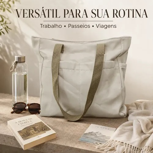 Bolsa Feminina Tote Lona Grande Zíper Trabalho Escola Viagem