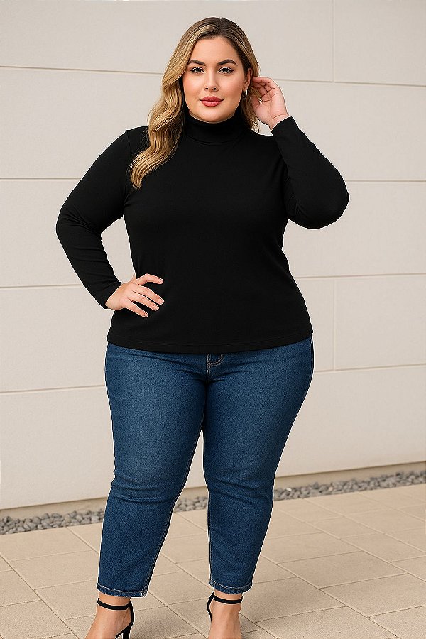 Blusa Cacharrel de Malha Preta Plus Size