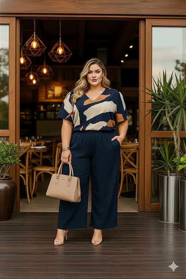 Calça Pantalona Elite Azul Marinho Plus Size