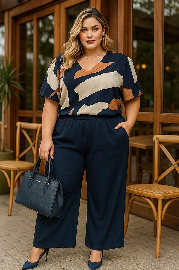 Calça Pantalona Elite Azul Marinho Plus Size