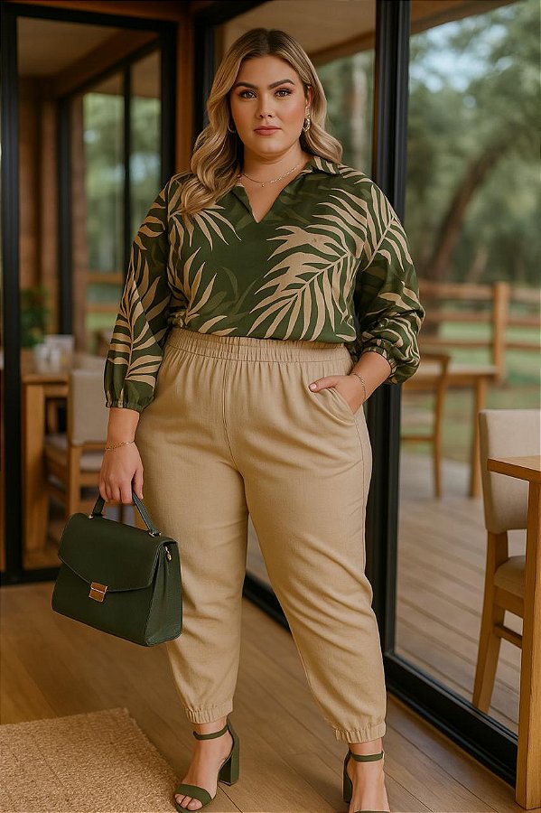 Calça Jogger Bege Palm Plus Size