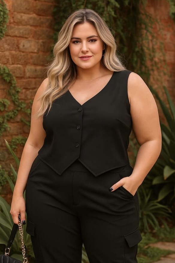 Colete de Alfaiataria Preto com Botões Plus Size