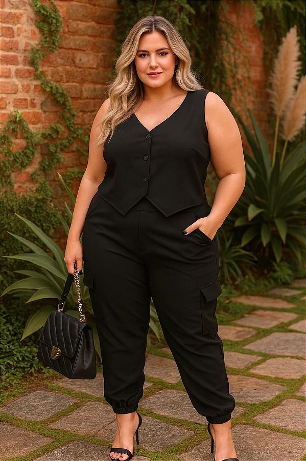 Calça de Alfaiataria Preto Plus Size