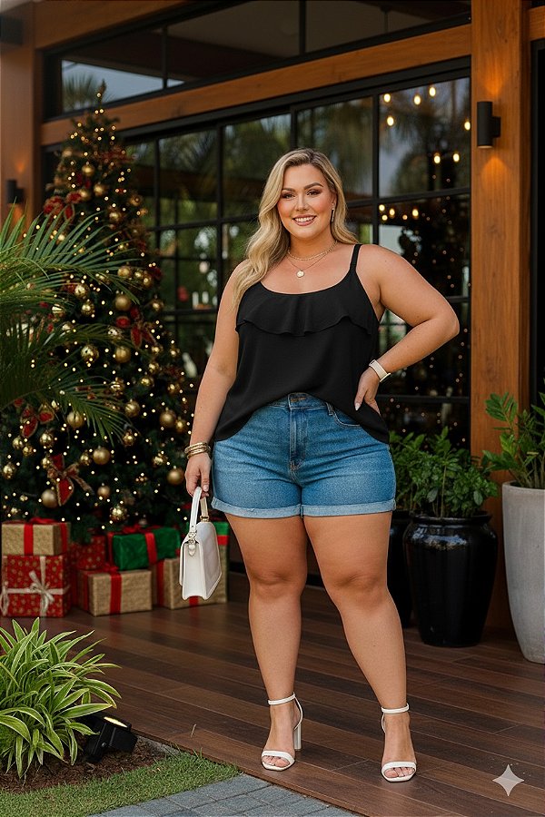 Blusa de Alça Salinas Preto Plus Size