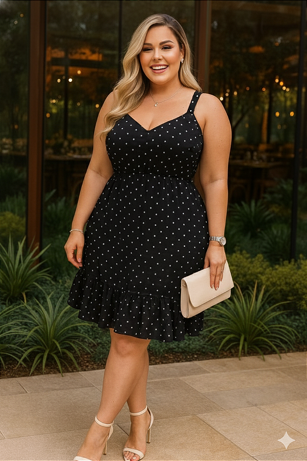 Vestido Juliete de Poá Preto e Branco Plus Size