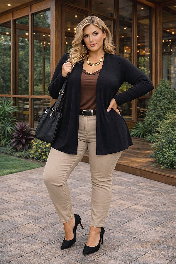 Cardigan Heloisa de Lanzinha Preto Plus Size