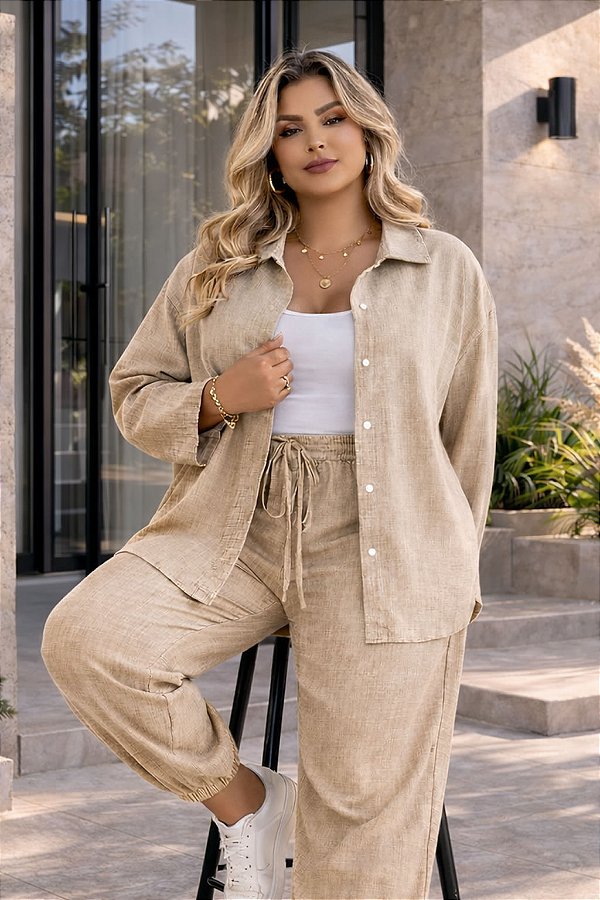 Camisa Jess de Linho Bege Plus Size