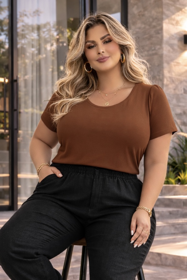 Blusa Princesa de Malha Marrom Plus Size
