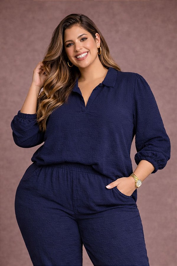 Camisa Helena Azul Marinho Plus Size