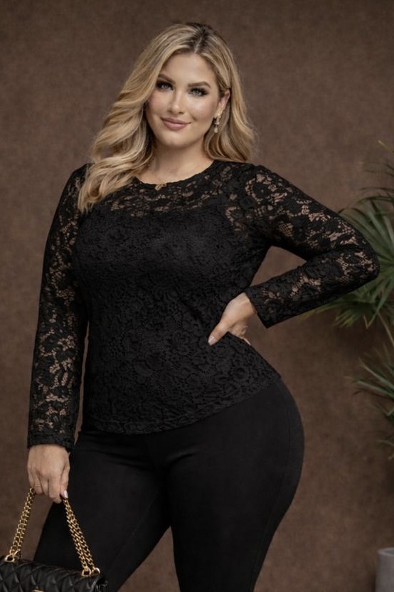 Blusa Karen de Renda Manga Longa Luxo Plus Size