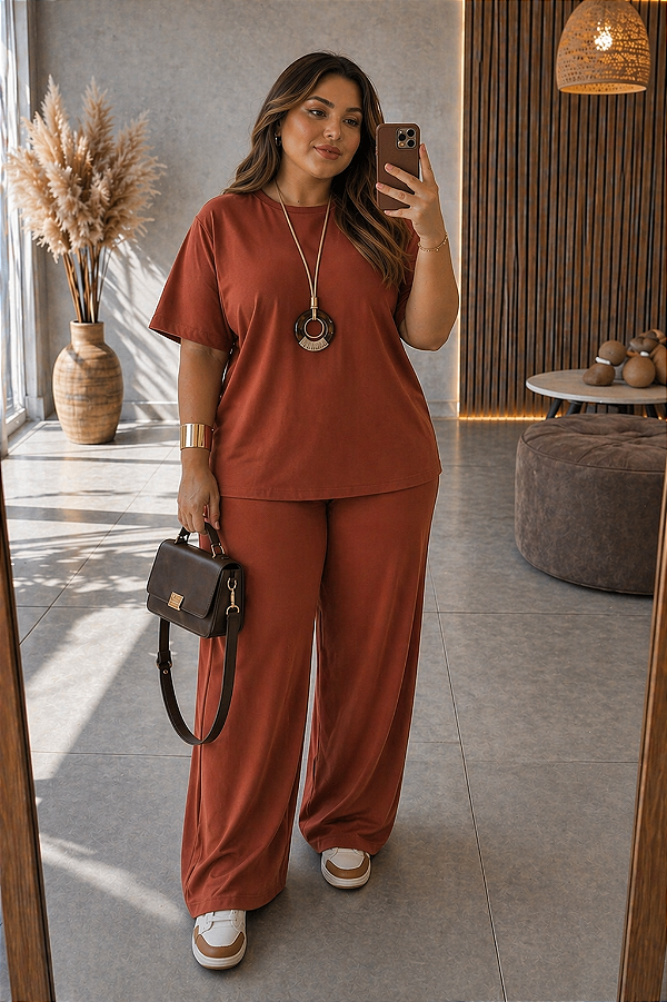 Calça Sofia de Moletinho Terracota Plus Size