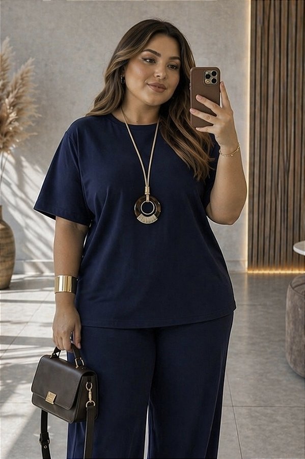 Blusa Sofia de Moletinho Azul Marinho Plus Size