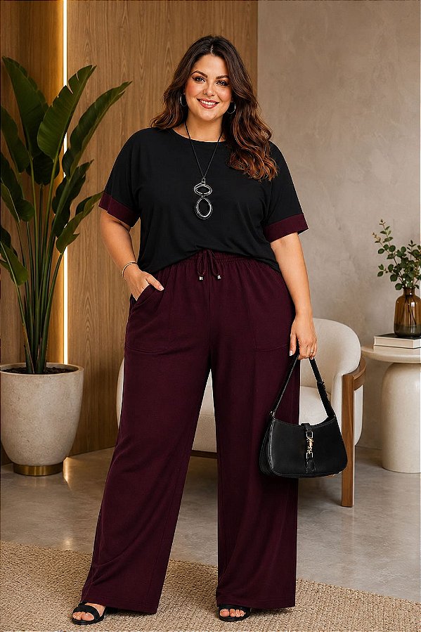 Calça PANTALONA de Moletinho Vinho Leticia Plus Size