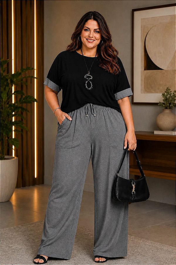 Calça PANTALONA Aline de Moletinho Cinza Mescla Plus Size