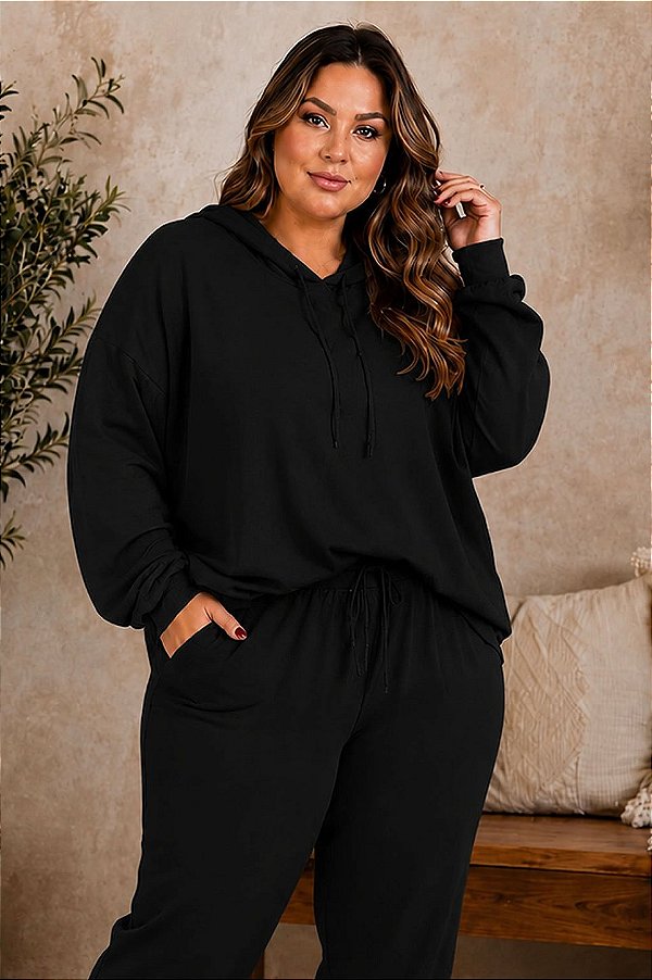Blusão de Lanzinha com capuz Preto Inverno Plus Size
