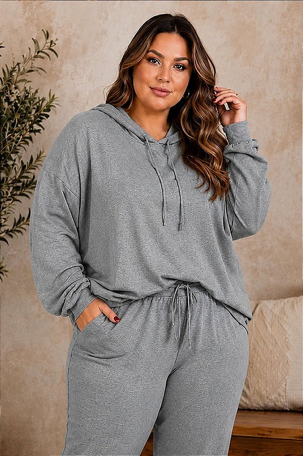 Blusão de Lanzinha com capuz Cinza Mescla Inverno Plus Size