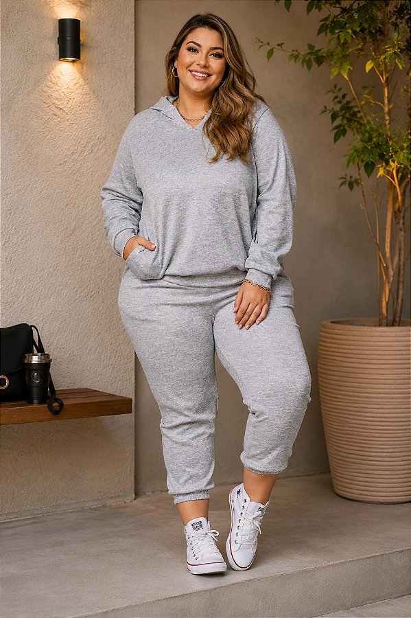 Calça Jogger de Moletinho Cinza Mescla Inverno Plus Size