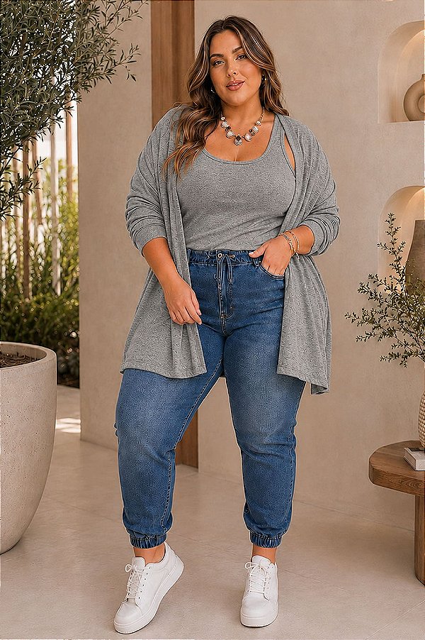 Cardigan de Lanzinha Cinza Mescla Inverno Plus Size