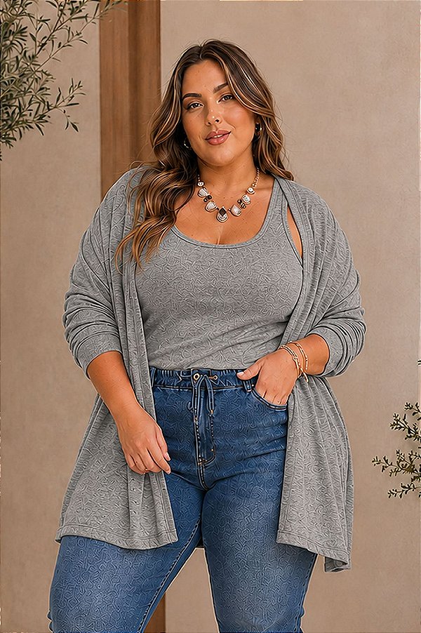 Regata de Lanzinha Cinza Mescla Inverno Plus Size