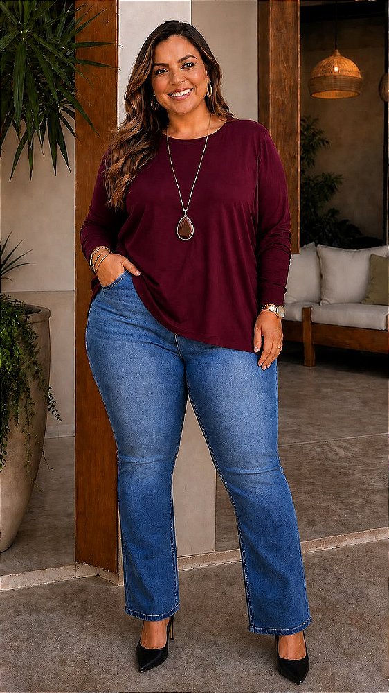 Blusa Basics Manga Longa Vinho Plus Size