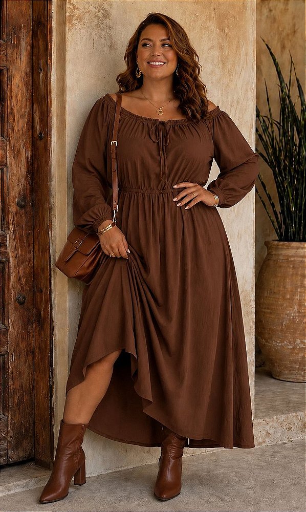 Vestido Longo Suiça Marrom de Manga longa Plus Size