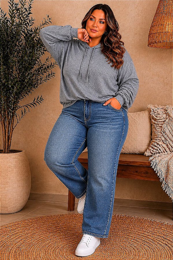 Blusão de Lanzinha com Capuz Cinza Mescla Plus Size