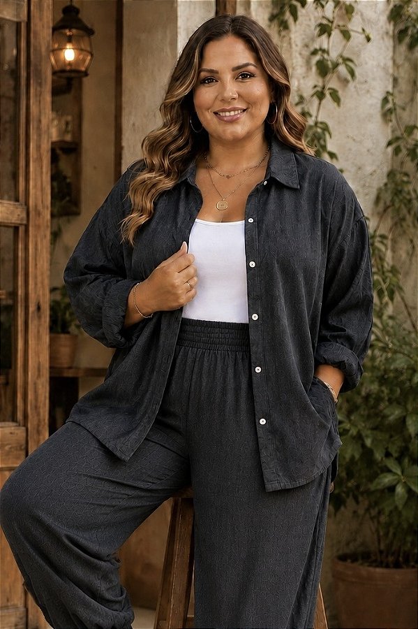 Camisa Jess de Tencel Jeans Preto Grafite Plus Size