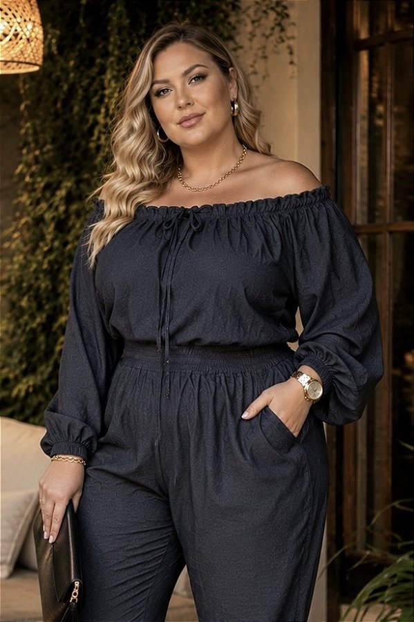 Blusa Ciganinha Jeans Tencel com Elastano Preto Grafite Plus Size