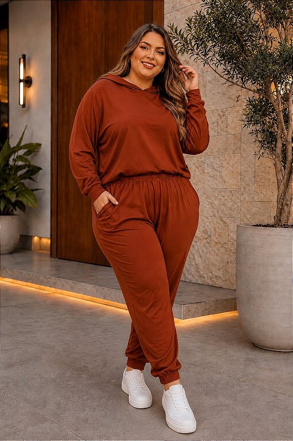 Calça Jogger de Moletinho Terracota Inverno Plus Size