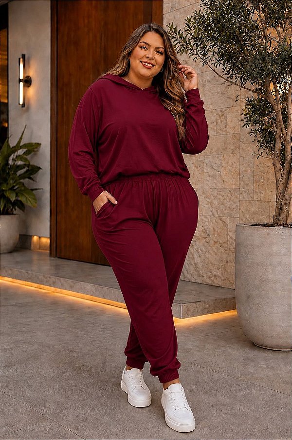 Calça Jogger de Moletinho Vinho Inverno Plus Size