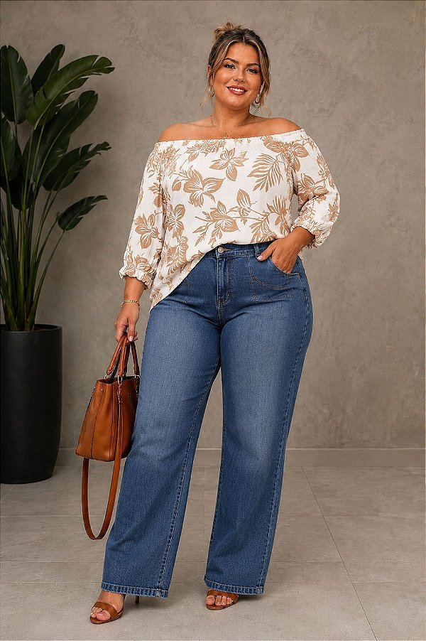 Blusa Ciganinha Estampada Tropical Plus Size