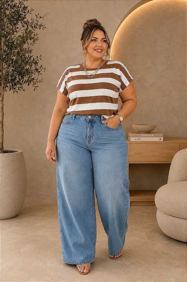 Blusa T-SHirt de Listras Chocolate Plus Size